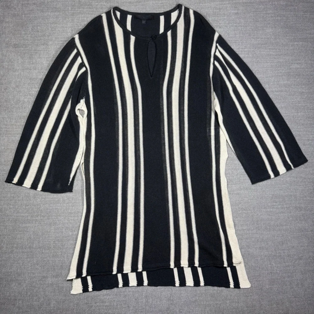Zara Women Black Cream Striped Linen Blend Knit Tunic Coverup Top Medium Boho